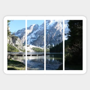 The fabulous alpine lake of Braies in the Dolomites (Bolzano). Lovely place in the Italian Alps. Boats on the water. Reflections in the water. Sunny spring day. Trentino Alto Adige Sticker